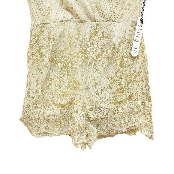 Sequin Womens Embellished Cream & Gold Short Sleeve Romper By Story On - Size S - Picture 5 of 11